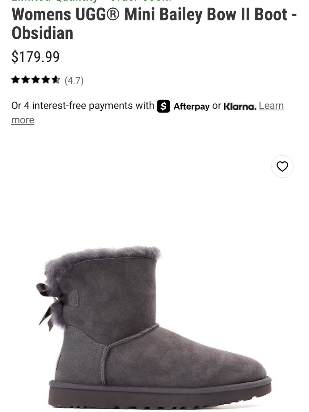 UGG Womens Mini Bailey Bow II Boot - Gray Obsidian Women’s Size 7